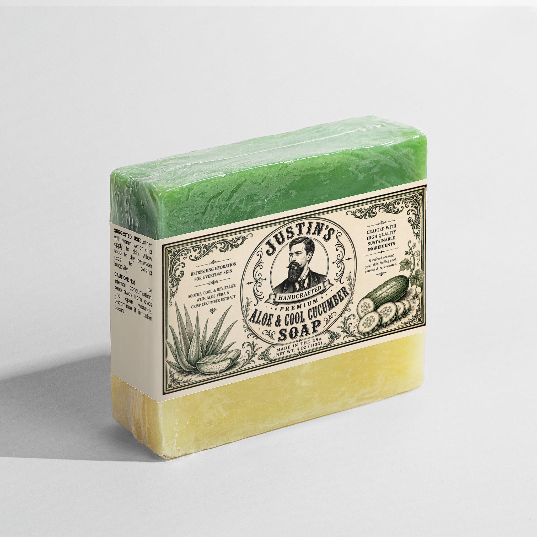 Side view of handcrafted aloe and cucumber soap made with sustainable ingredients.