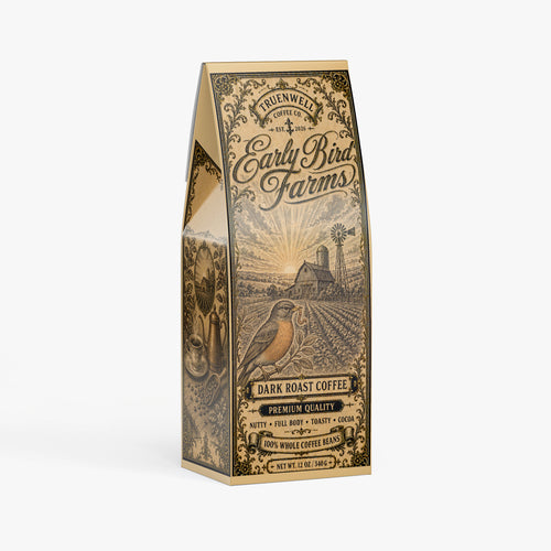 Early Bird Farms premium dark roast whole bean coffee 12 oz package
