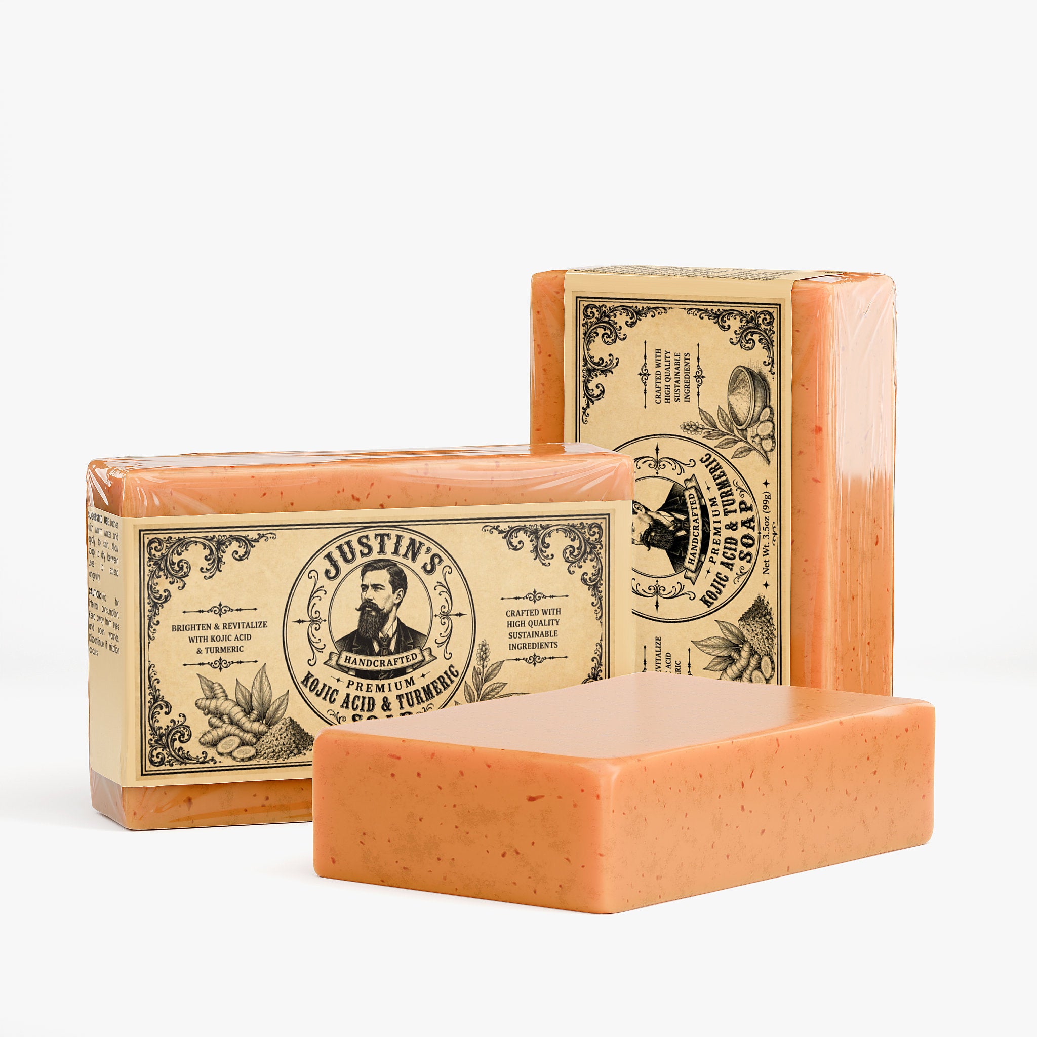 Two bars of Justin's Handcrafted Kojic Acid & Turmeric Soap.