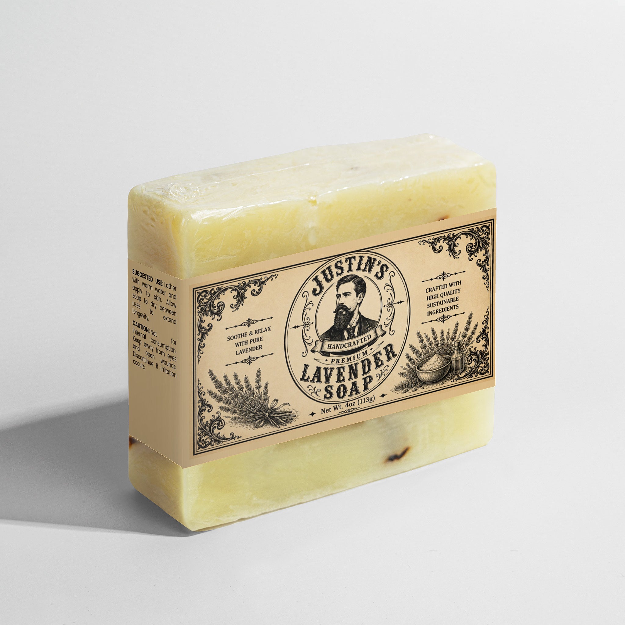 Side view of Justin's handcrafted lavender soap bar.
