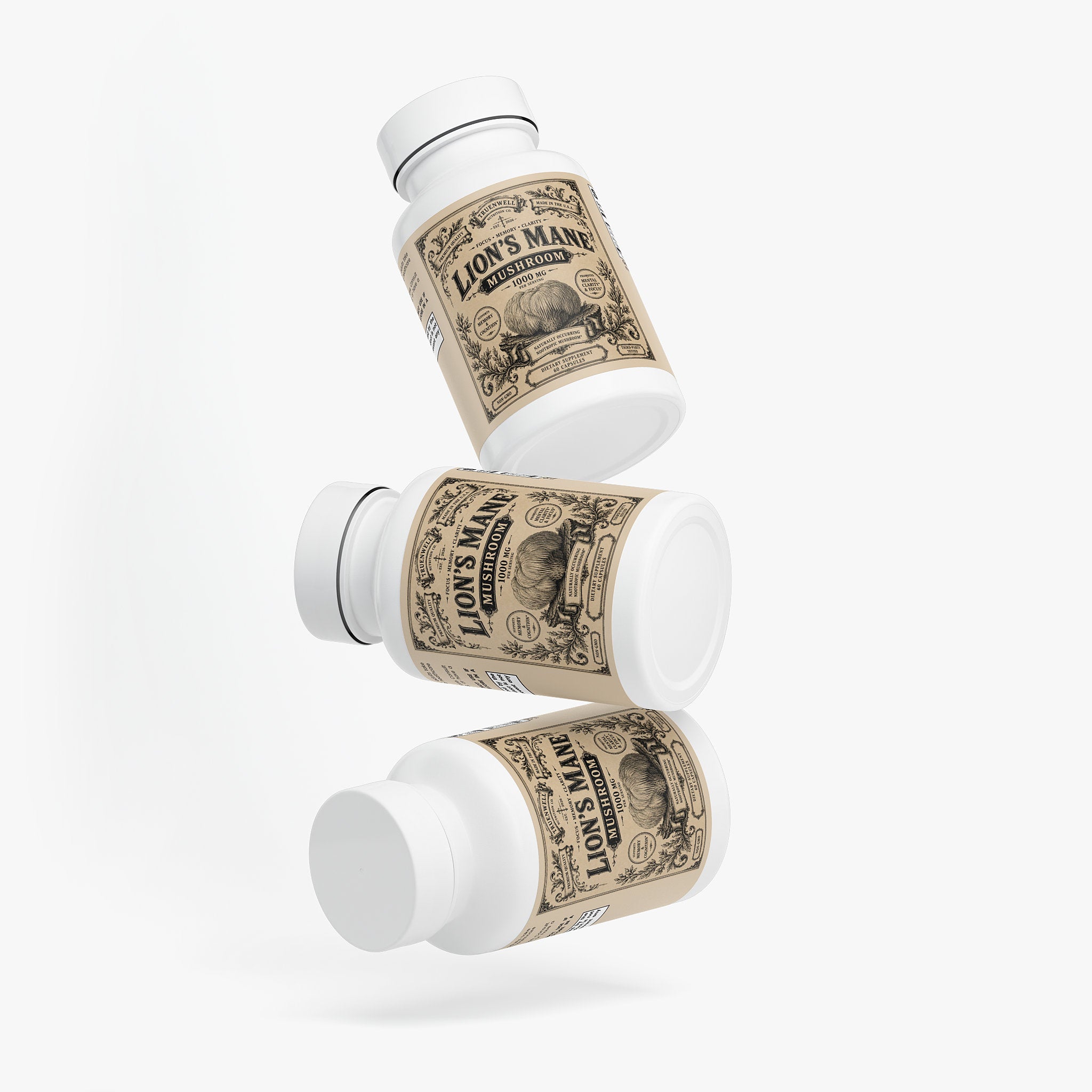 Premium Lion's Mane Mushroom supplement bottles displayed from multiple angles.
