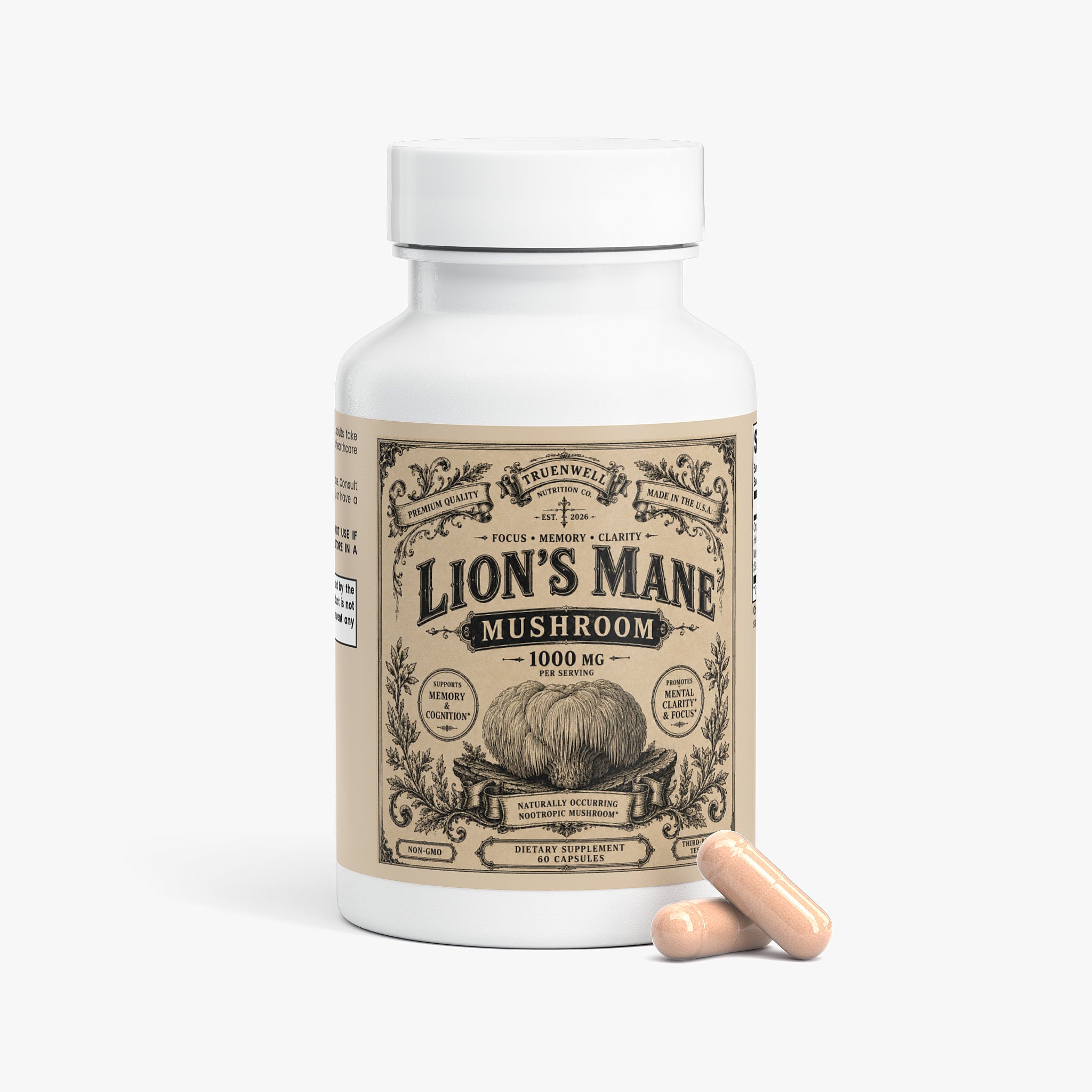 Lion's Mane Mushroom supplement bottle with vegan capsules by TRUENWELL.
