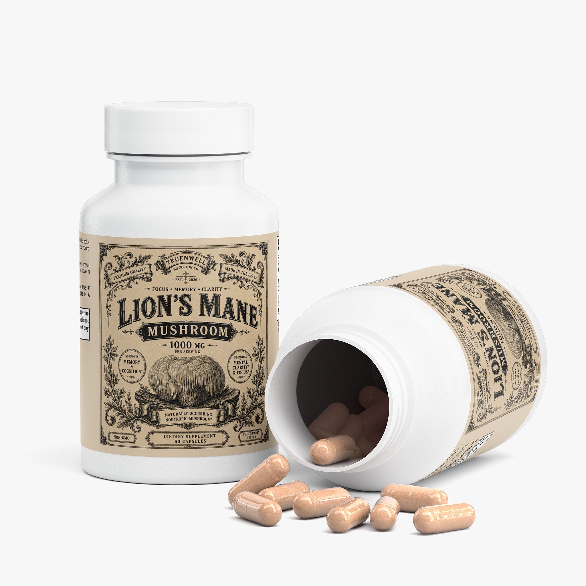 Open bottle of TRUENWELL Lion's Mane Mushroom capsules showing organic supplement.
