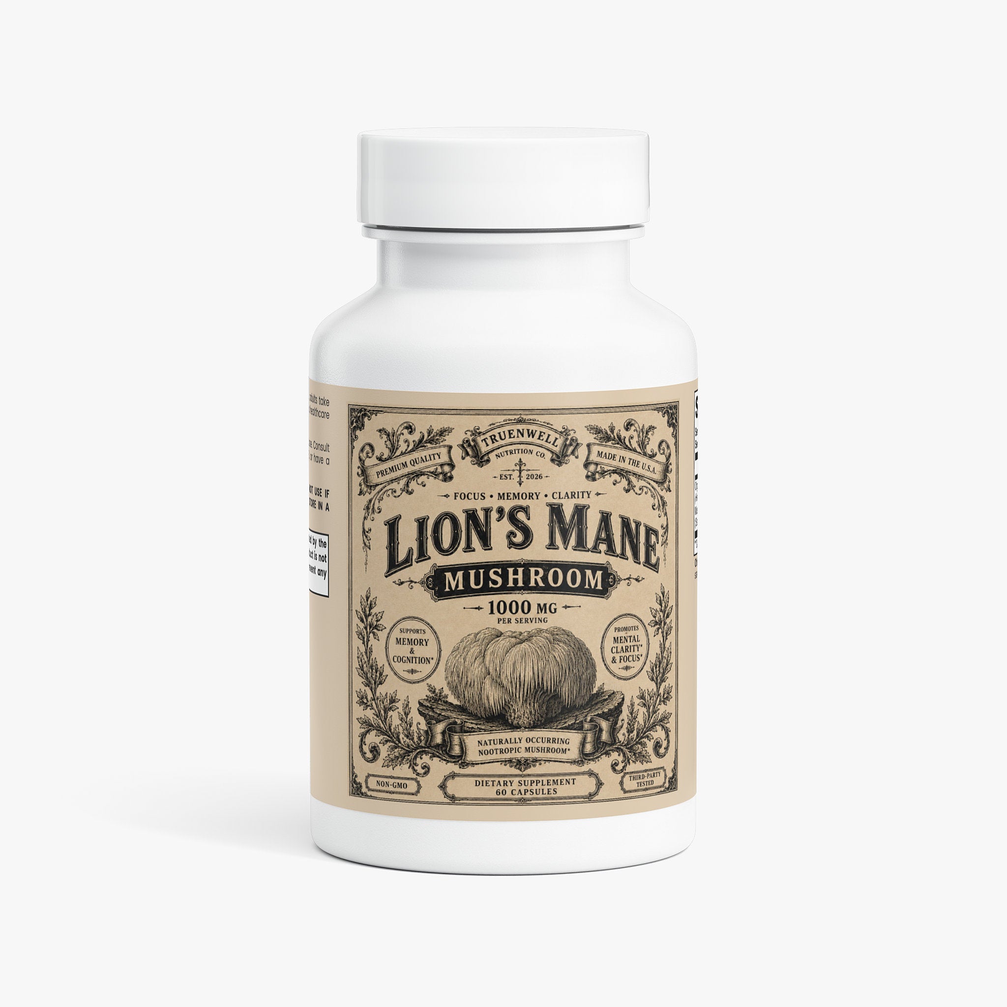 TRUENWELL Lion's Mane Mushroom brain and focus support supplement bottle with vintage label.
