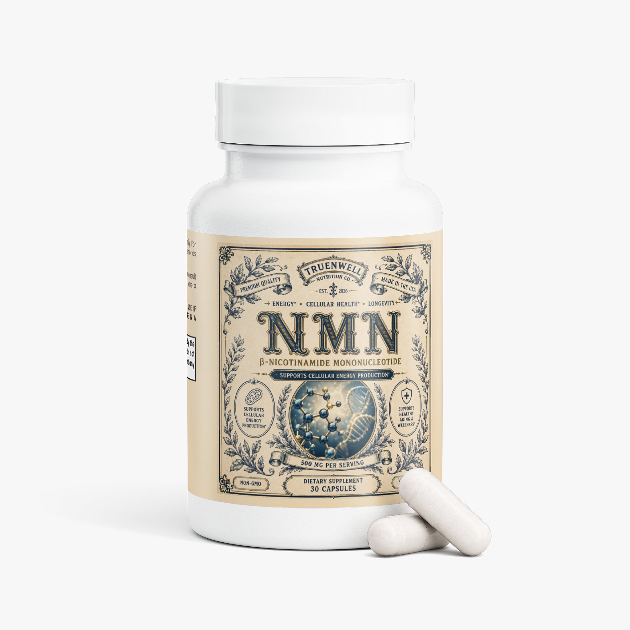 TRUENWELL NMN bottle with vegetarian capsules displayed.
