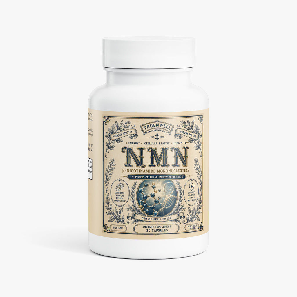 TRUENWELL NMN 500mg supplement bottle featuring vintage apothecary label.
