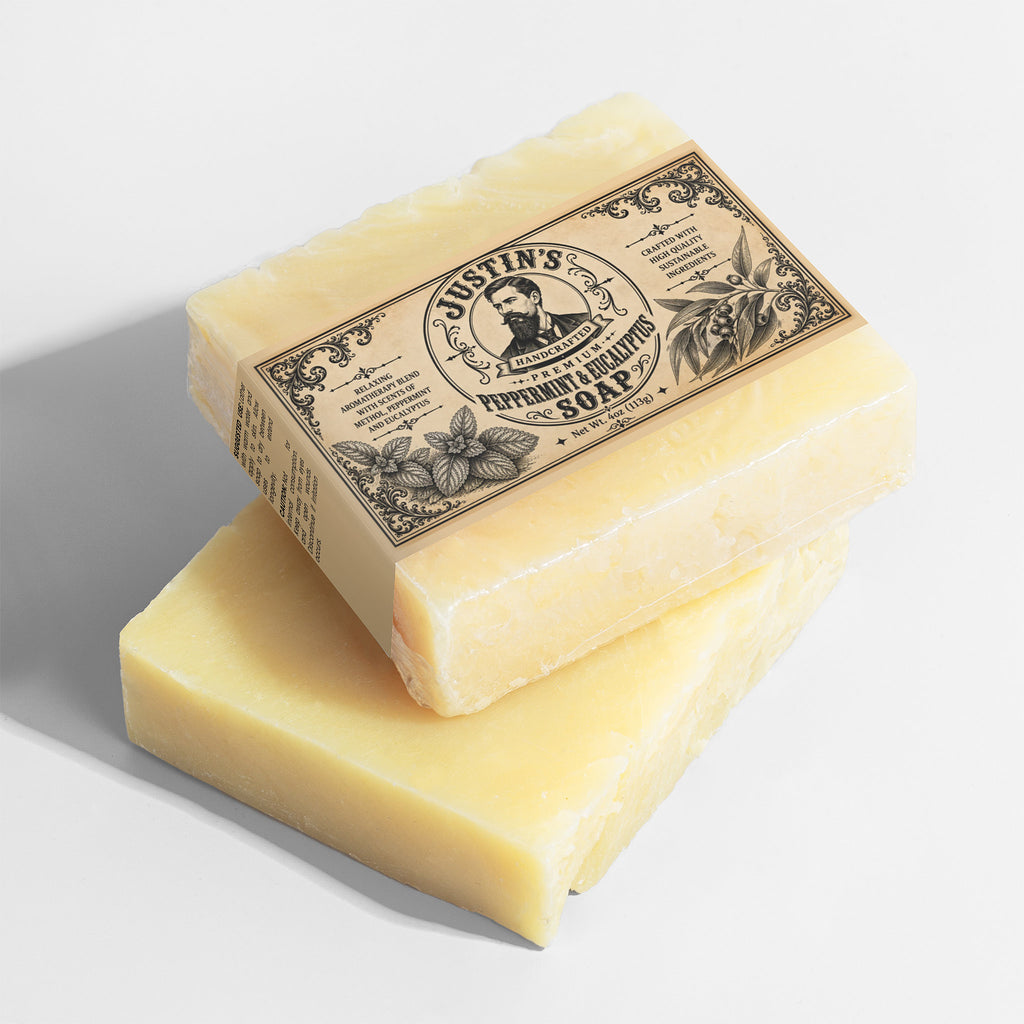 Artisan peppermint and eucalyptus soap for daily cleansing and moisturizing.