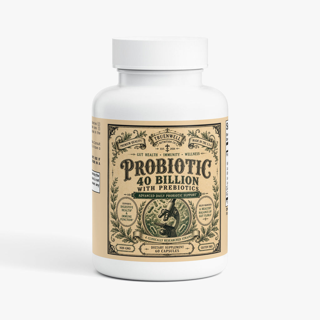 TRUENWELL Probiotic 40 Billion CFU with Prebiotics supplement bottle featuring vintage apothecary label.

