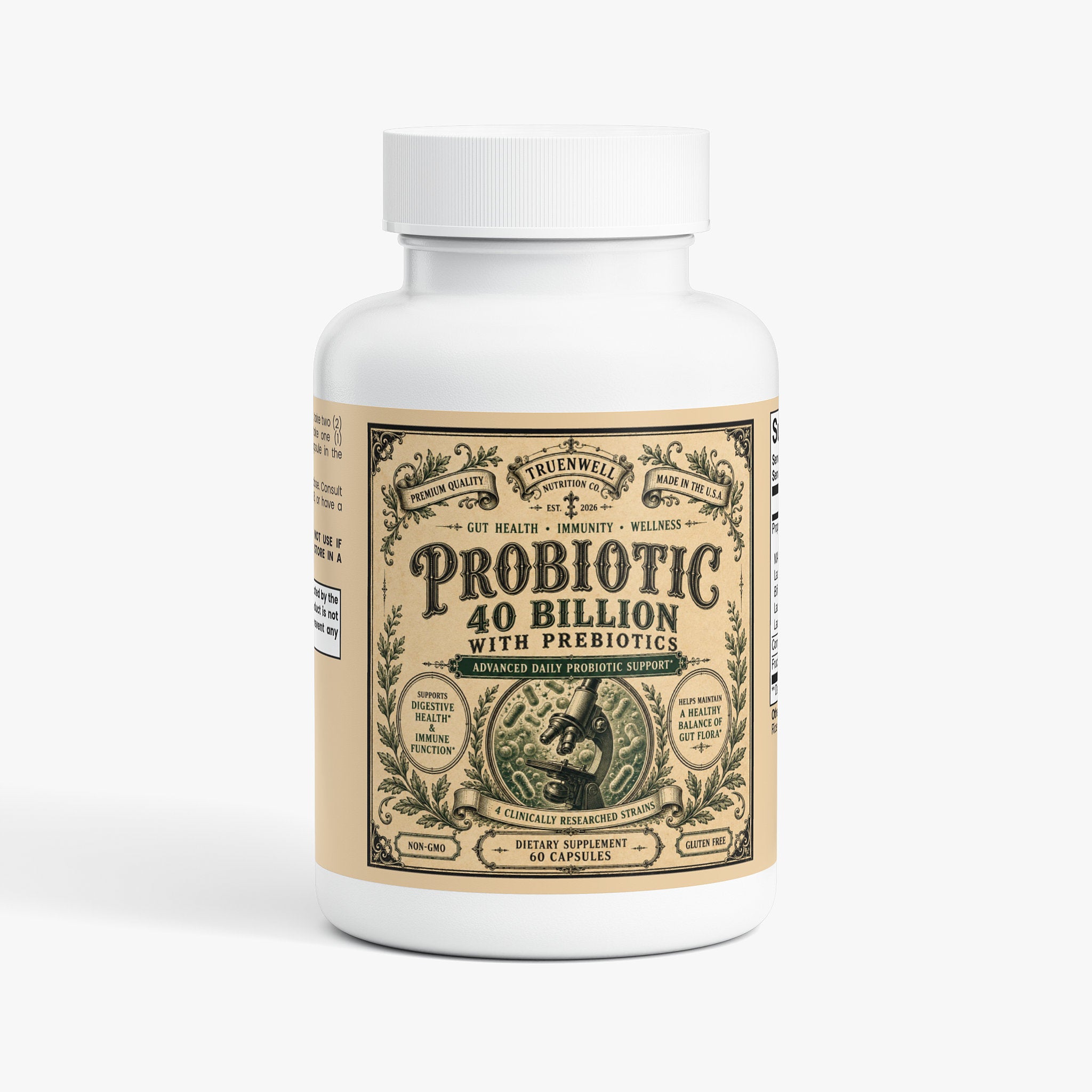 TRUENWELL Probiotic 40 Billion CFU with Prebiotics supplement bottle featuring vintage apothecary label.
