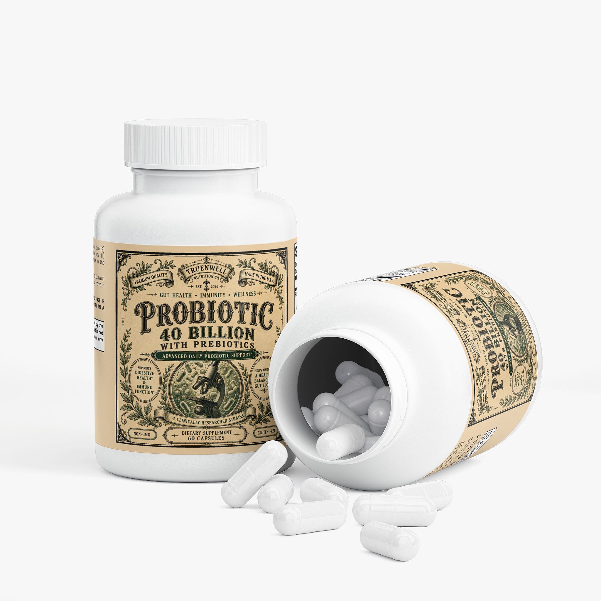 Open bottle of TRUENWELL Probiotic showing capsules.
