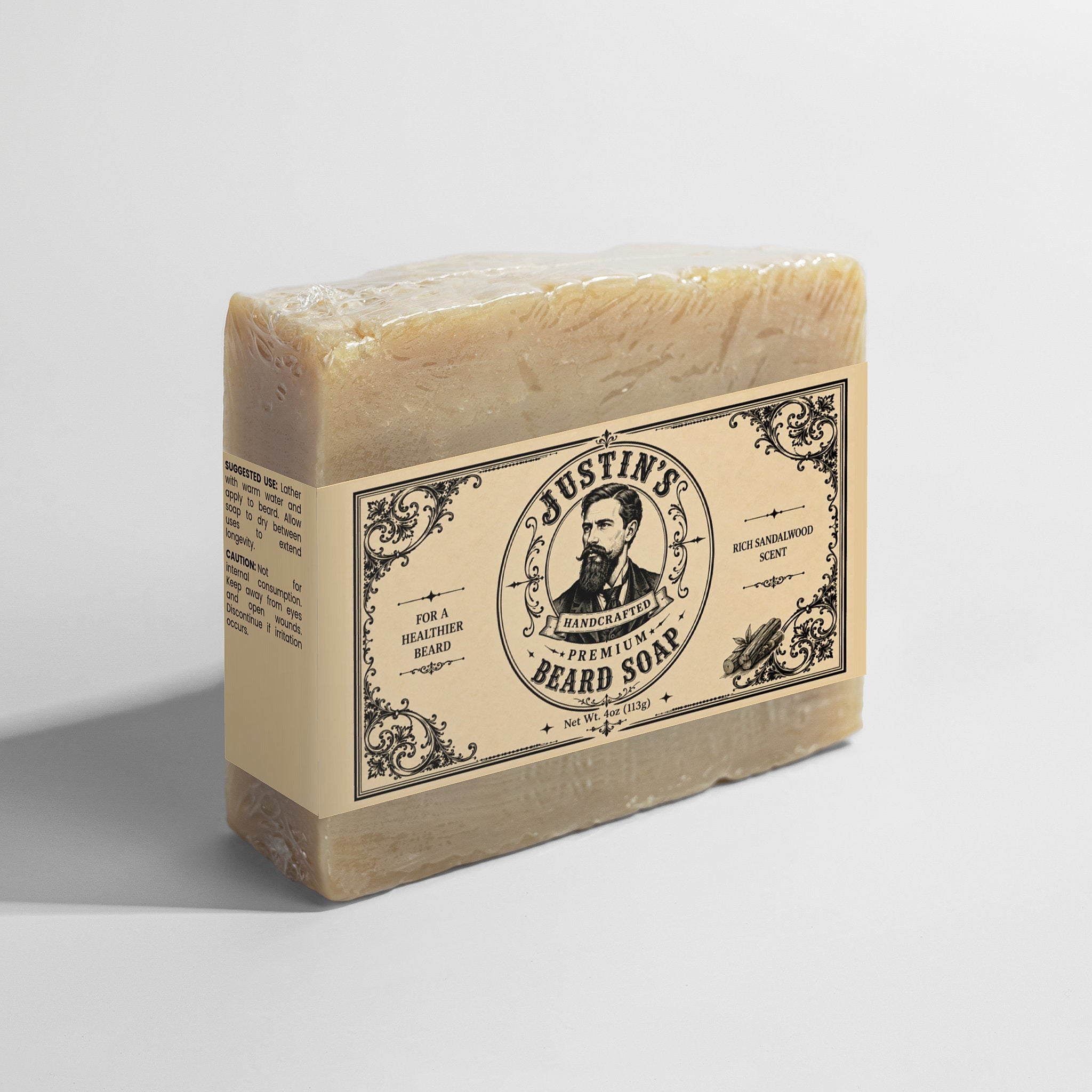 Rich Sandalwood Beard Soap for Men with handcrafted vintage label