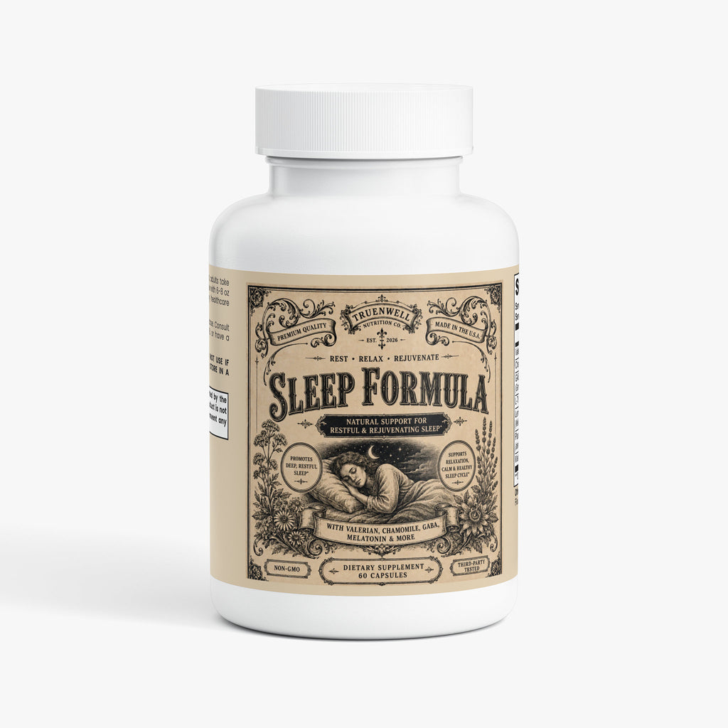 TRUENWELL Sleep Formula supplement bottle featuring vintage apothecary label.
