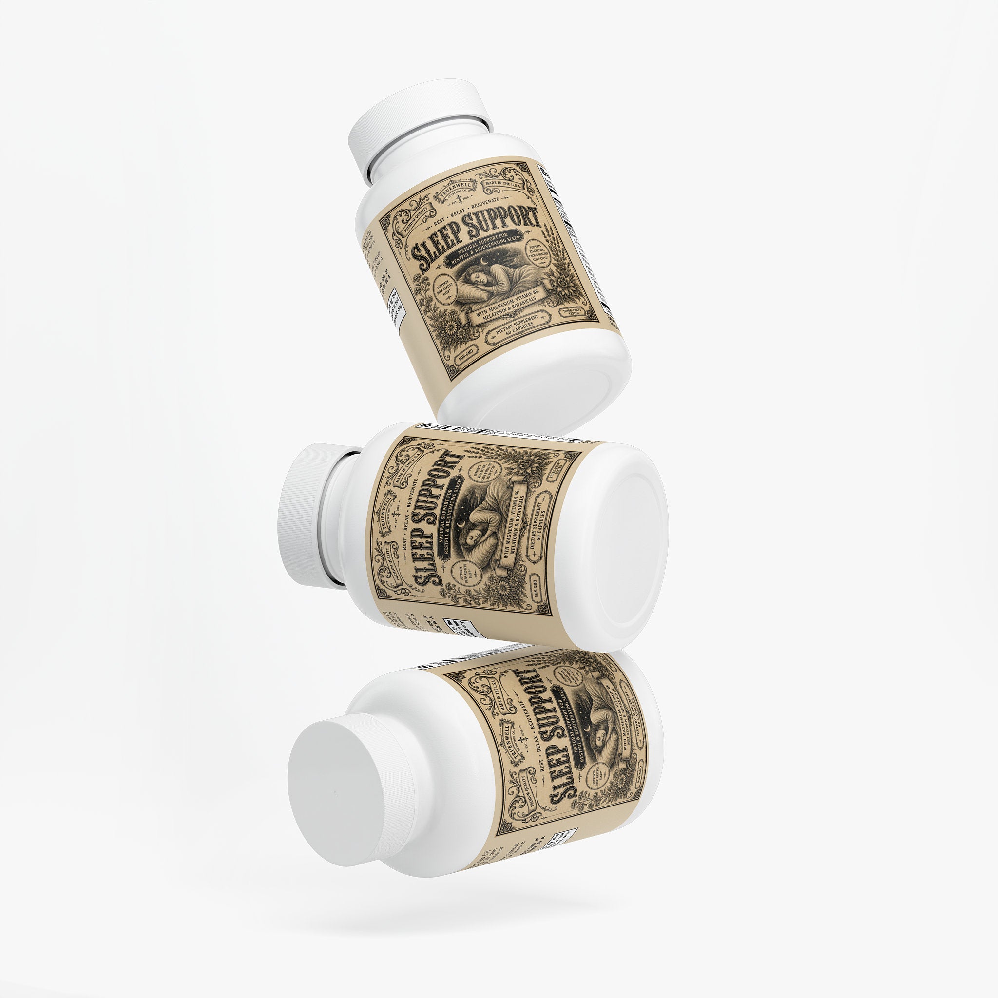 TRUENWELL Sleep Support bottle displayed from multiple angles.
