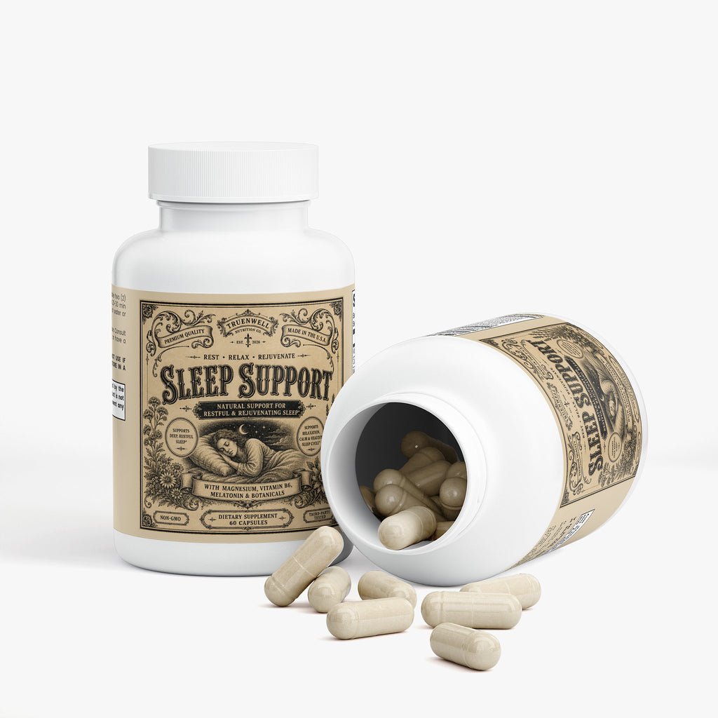 Open bottle of TRUENWELL Sleep Support showing capsules.
