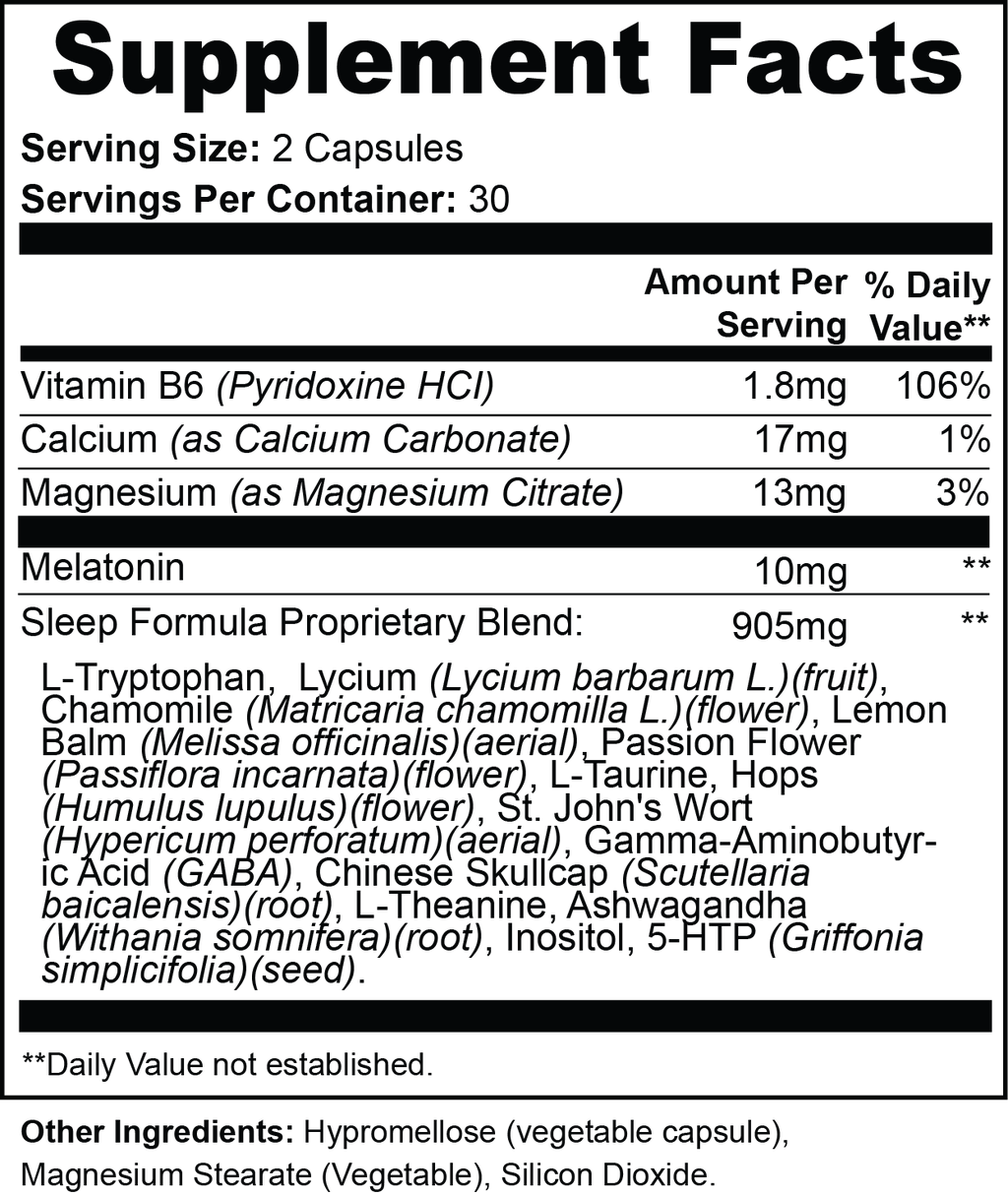 Supplement Facts panel for TRUENWELL Sleep Support capsules.
