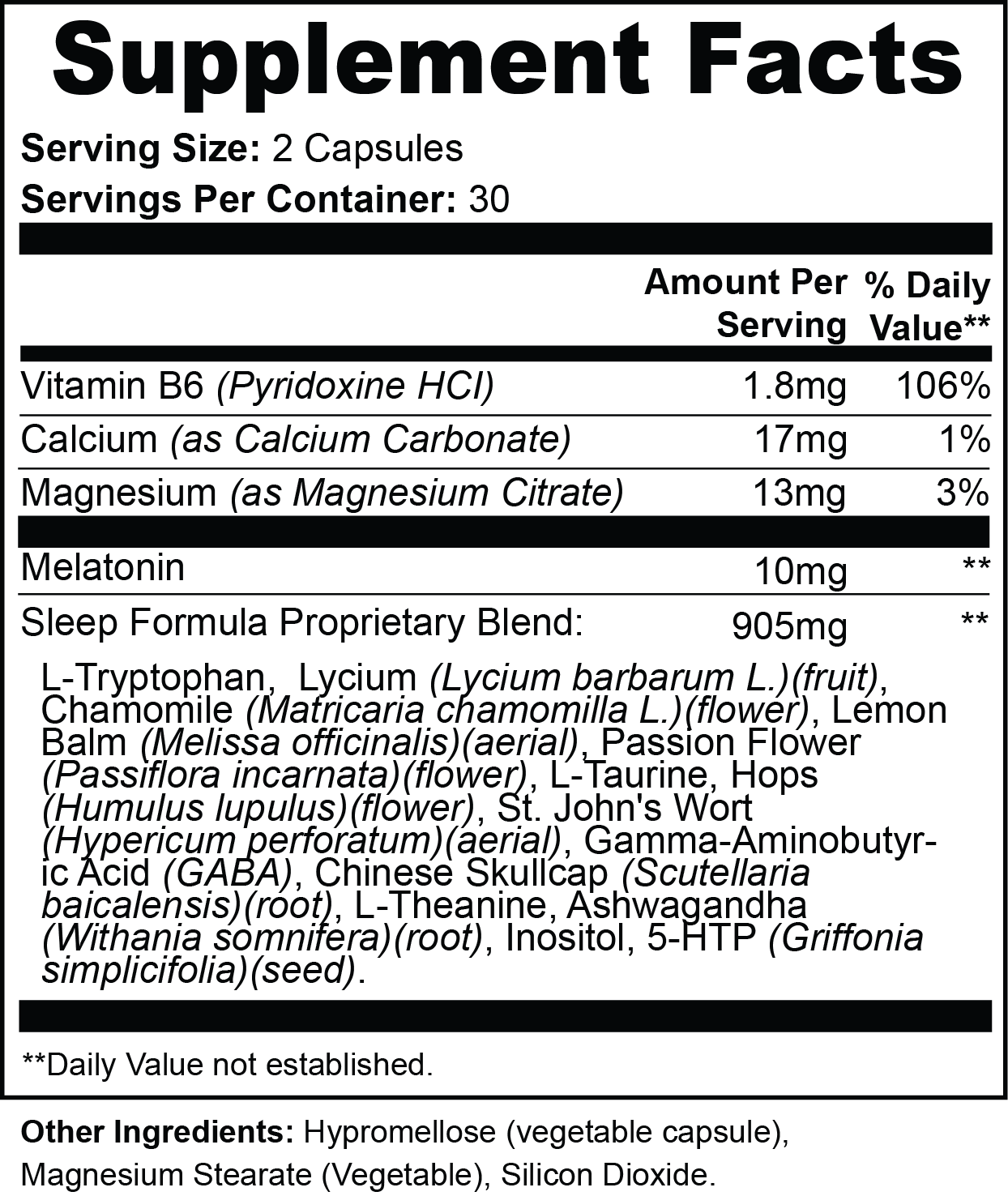 Supplement Facts panel for TRUENWELL Sleep Support capsules.