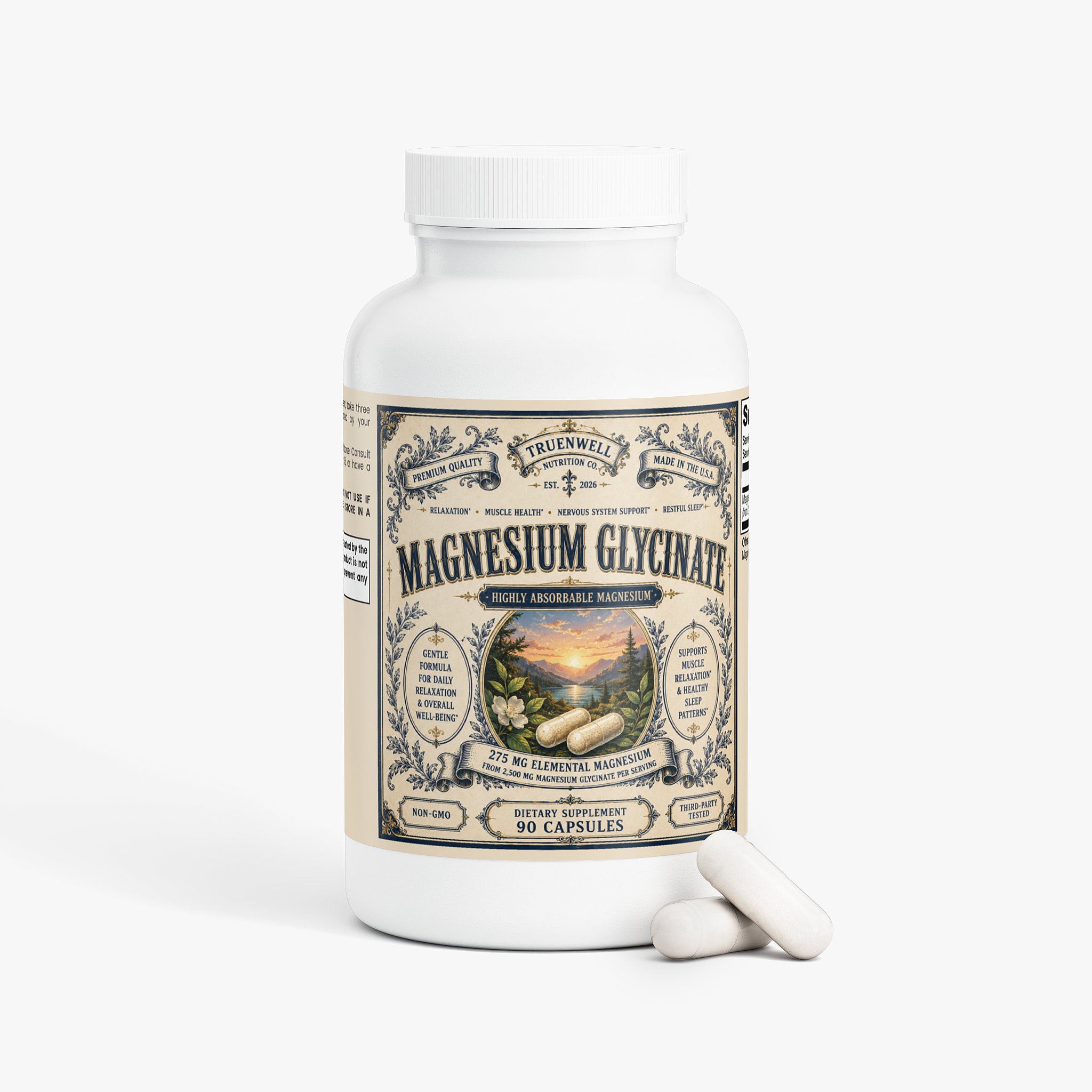 Magnesium Glycinate capsules by TRUENWELL for relaxation, muscle support and healthy sleep.
