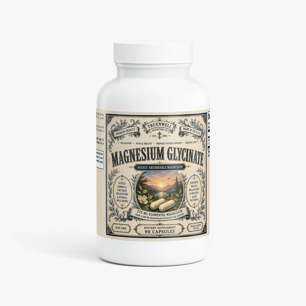 TRUENWELL Magnesium Glycinate 275mg dietary supplement bottle with vintage apothecary label.
