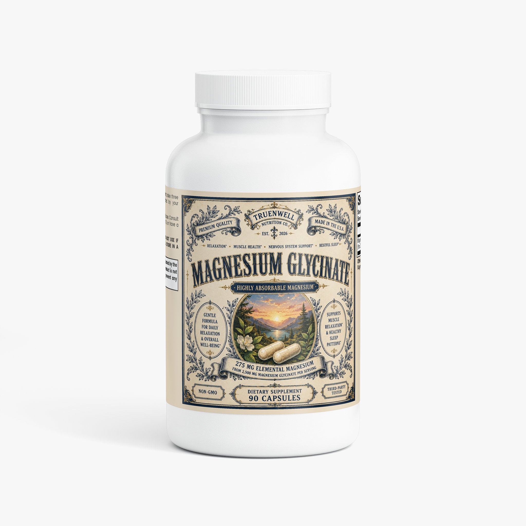 TRUENWELL Magnesium Glycinate 275mg dietary supplement bottle with vintage apothecary label.
