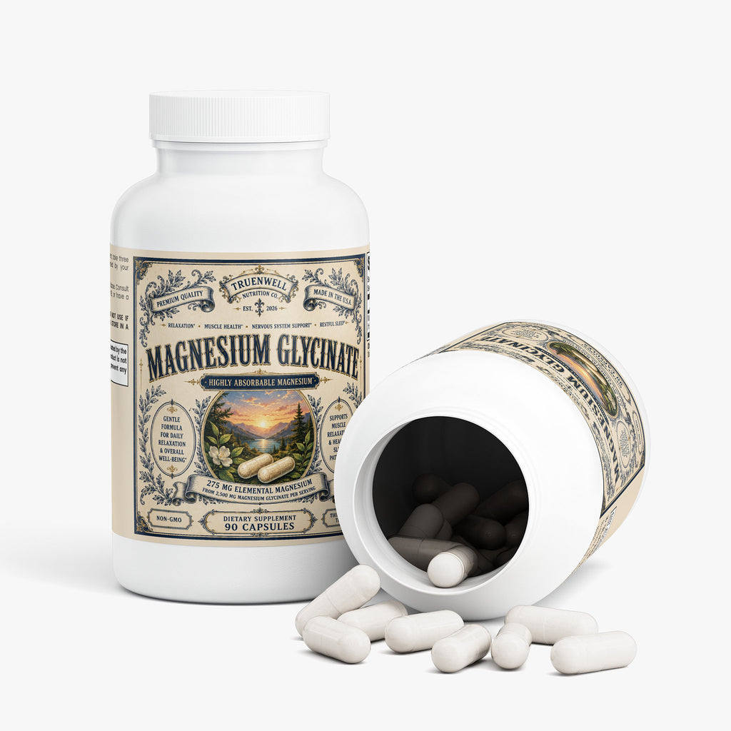 Open bottle of TRUENWELL Magnesium Glycinate capsules.
